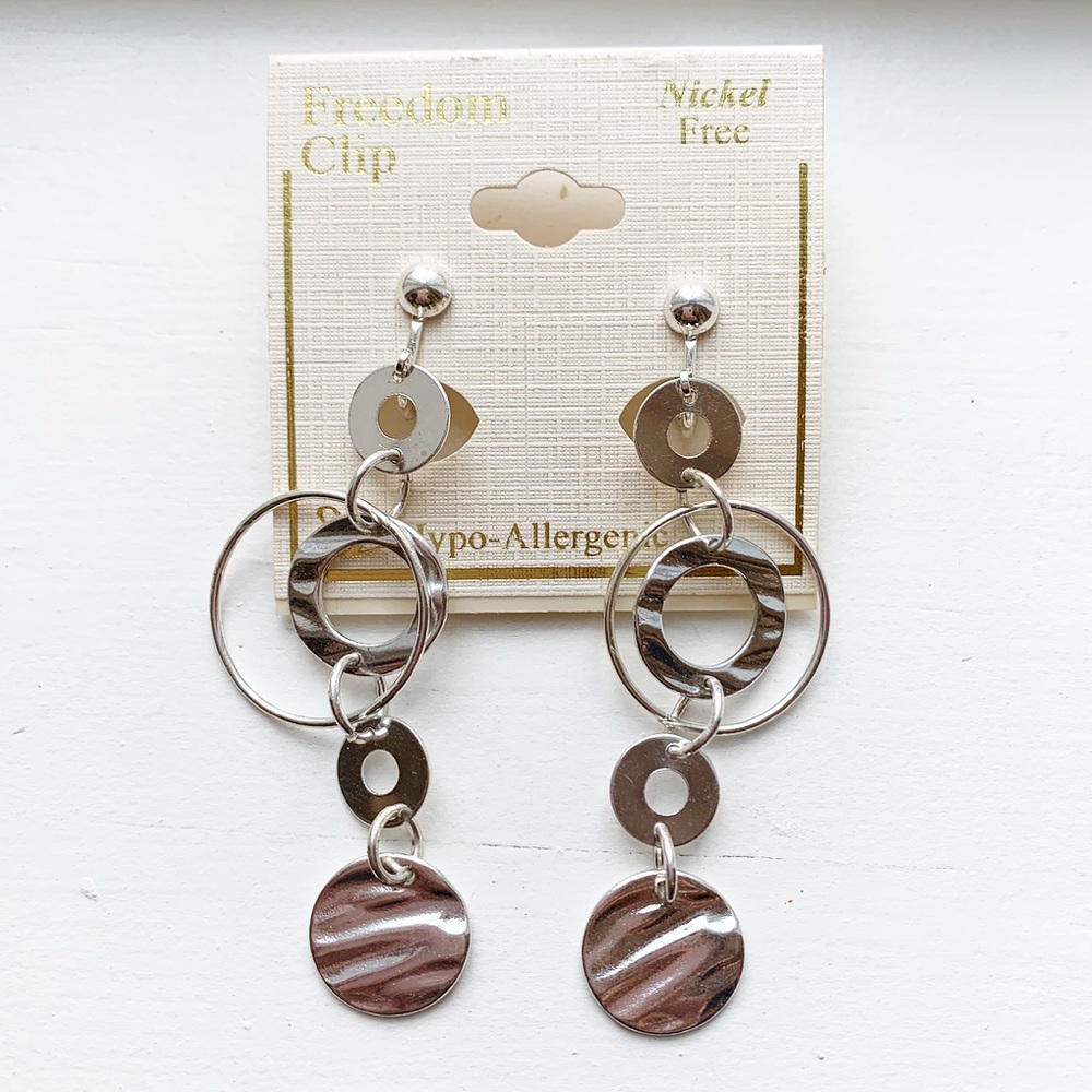 Chic silver drop hoop dangly clip-on earrings